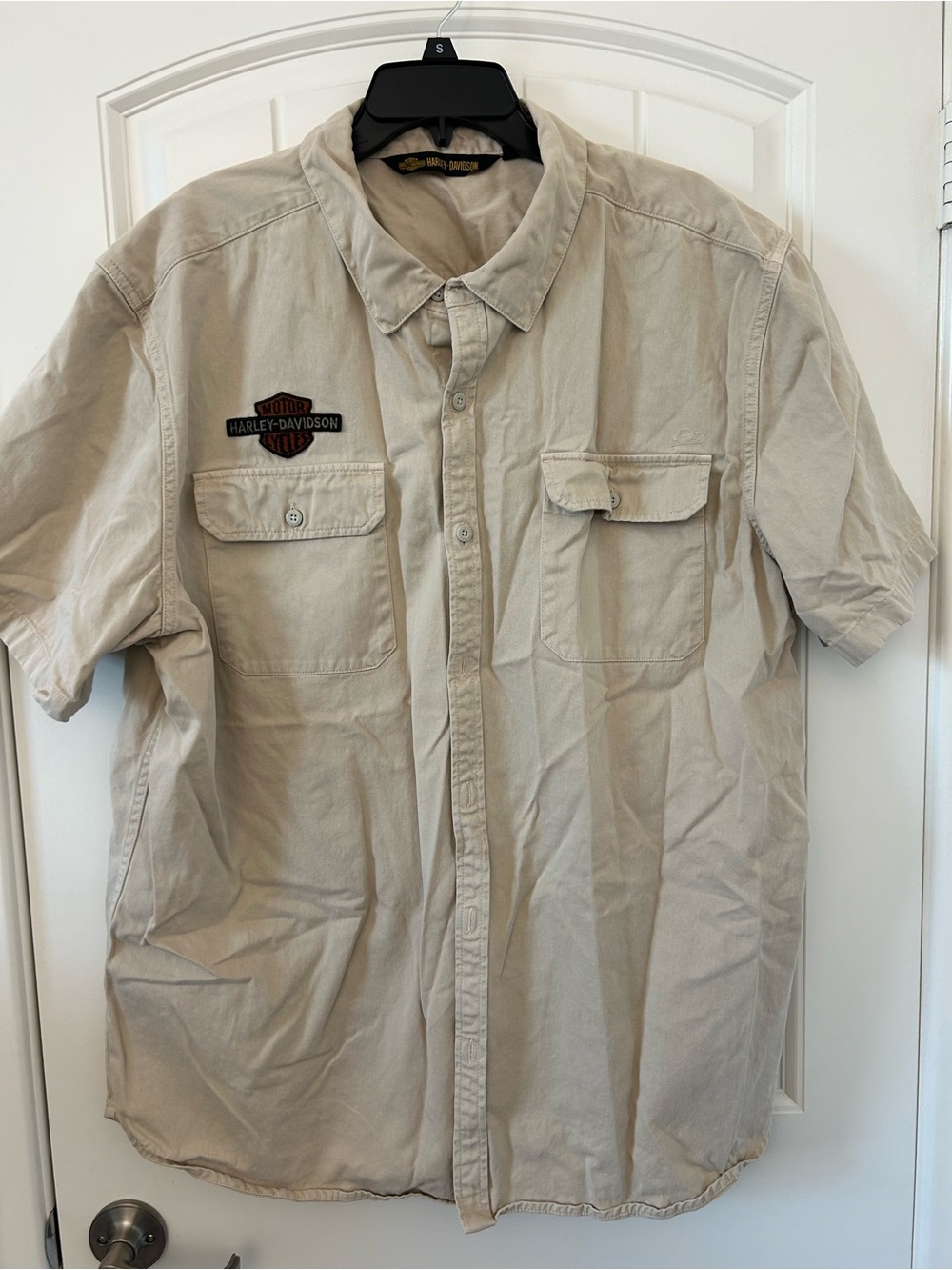 Harley Davidson Motorcycle Beige Mens 2XL Casual Patched Pocket Button Up Shirt